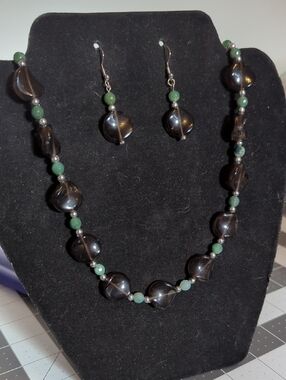 Handcrafted Moss Agate and Smoky Quartz Necklace & Earring Set